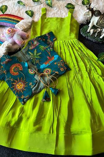 Kids parotgreen soft viscose natural crepe gown with viscose natural crepe position embroidery work koti