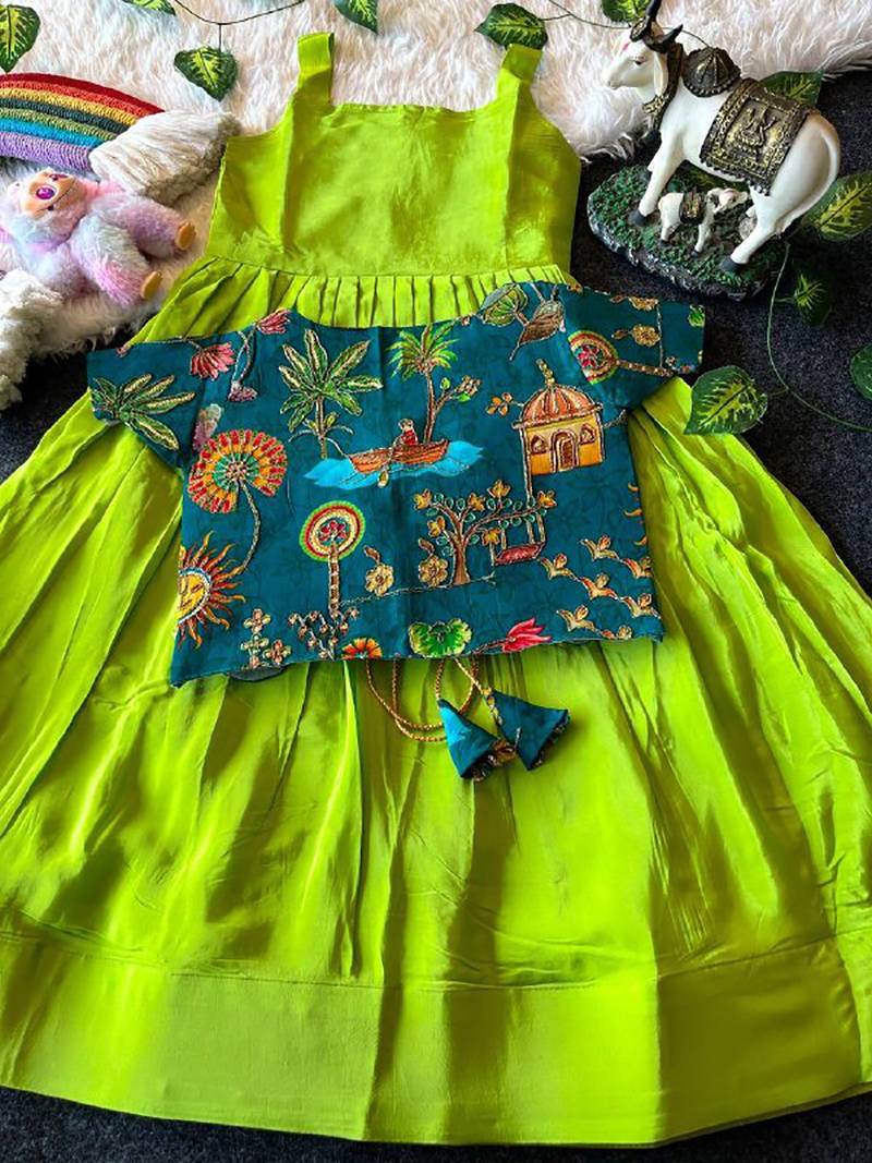 Kids parotgreen soft viscose natural crepe gown with viscose natural crepe position embroidery work koti