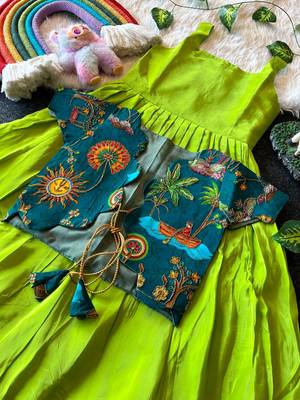 Kids parotgreen soft viscose natural crepe gown with viscose natural crepe position embroidery work koti 3