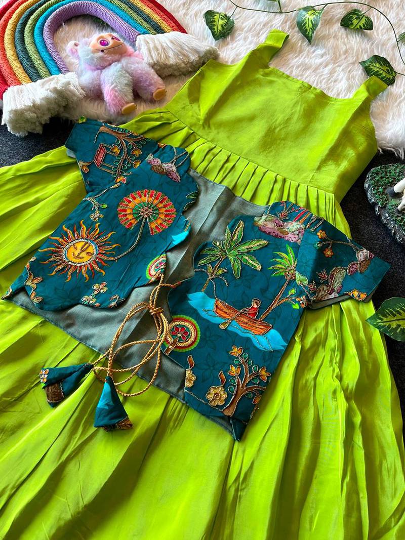 Kids parotgreen soft viscose natural crepe gown with viscose natural crepe position embroidery work koti