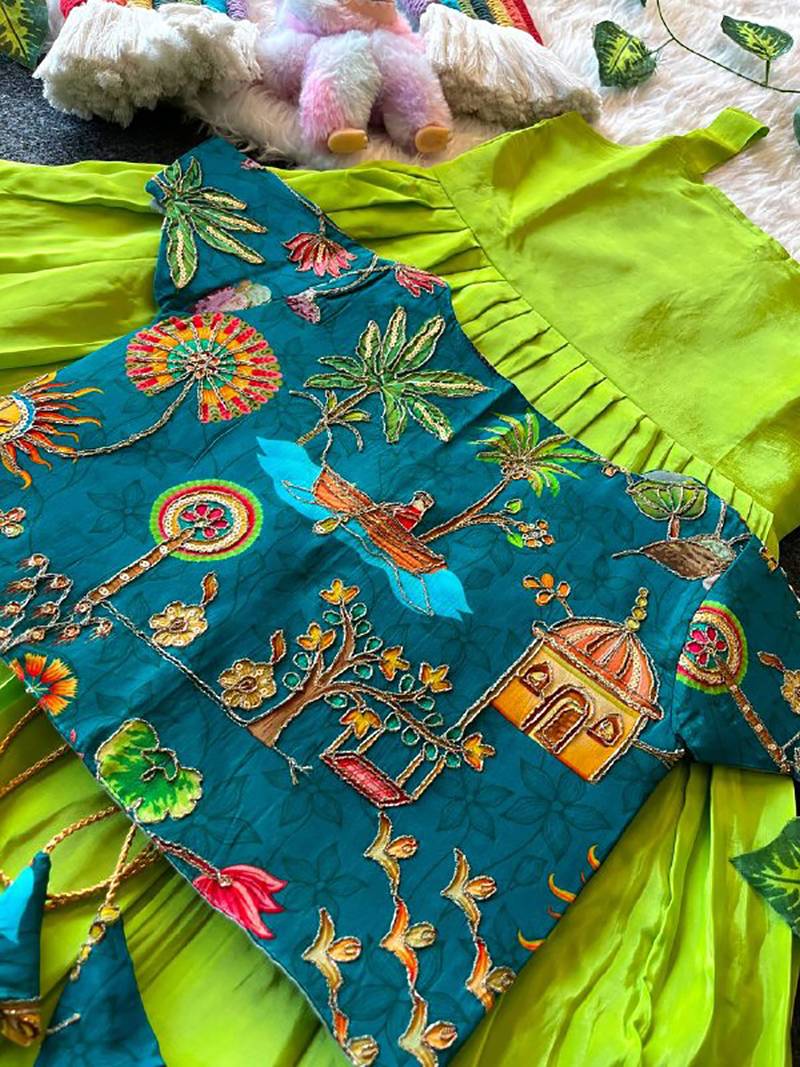Kids parotgreen soft viscose natural crepe gown with viscose natural crepe position embroidery work koti