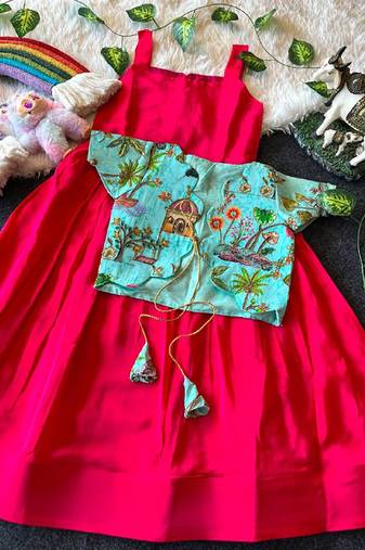 Kids ranipink soft viscose natural crepe gown with viscose natural crepe position embroidery work koti