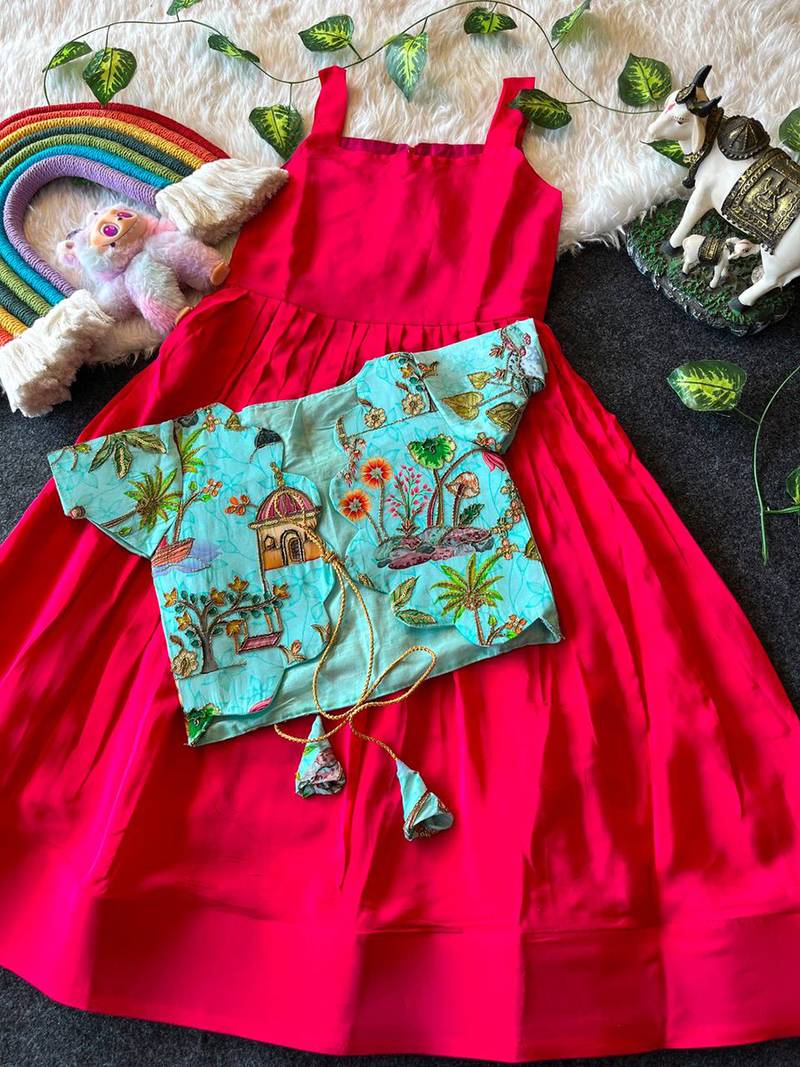 Kids ranipink soft viscose natural crepe gown with viscose natural crepe position embroidery work koti