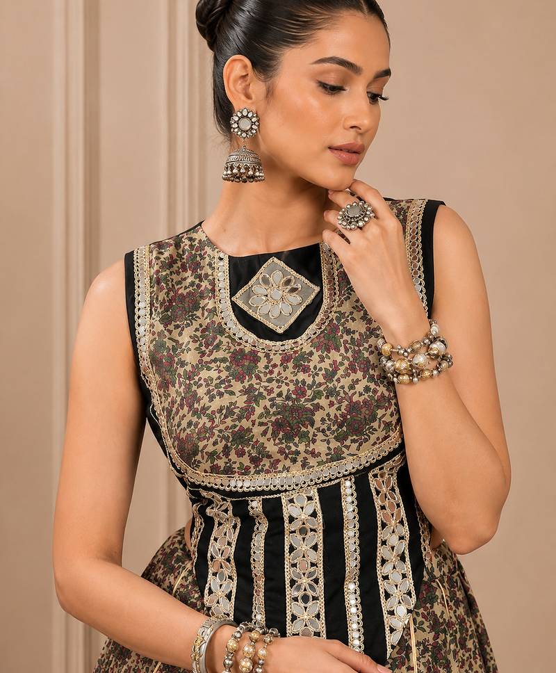 Black Navratri Chanderi Lehenga with Real Mirror Work