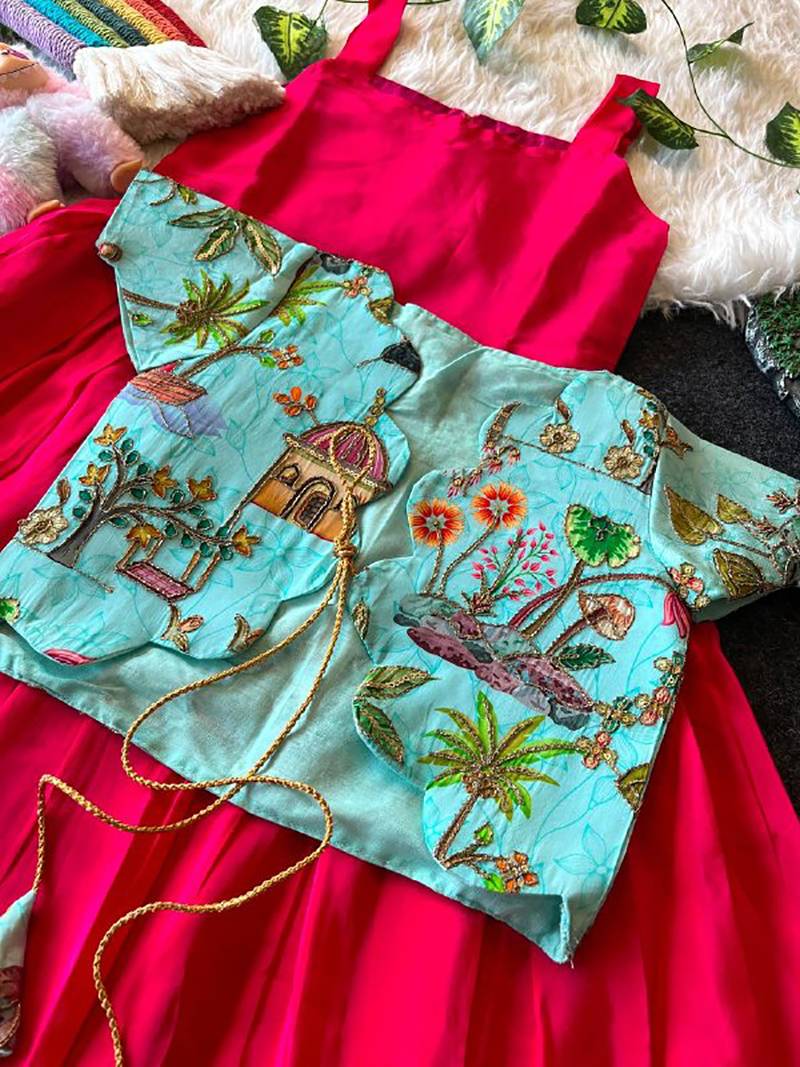 Kids ranipink soft viscose natural crepe gown with viscose natural crepe position embroidery work koti