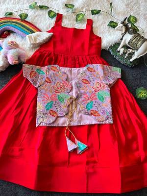 Kids red soft viscose natural crepe gown with viscose natural crepe position embroidery work koti 1