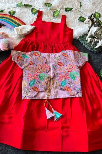 Kids red soft viscose natural crepe gown with viscose natural crepe position embroidery work koti