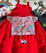 Kids red soft viscose natural crepe gown with viscose natural crepe position embroidery work koti