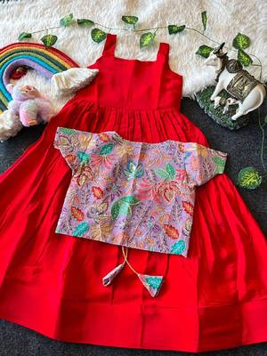 Kids red soft viscose natural crepe gown with viscose natural crepe position embroidery work koti 2