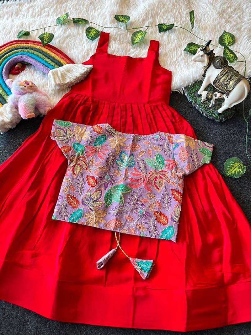 Kids red soft viscose natural crepe gown with viscose natural crepe position embroidery work koti