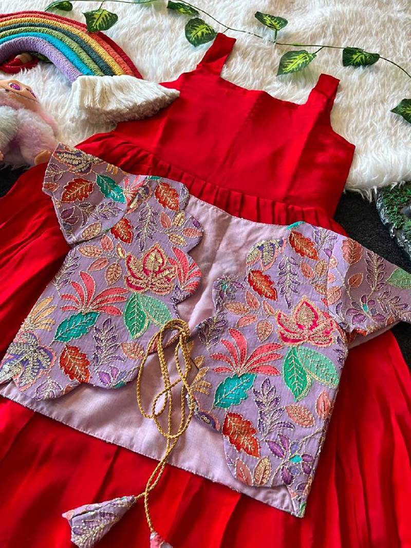 Kids red soft viscose natural crepe gown with viscose natural crepe position embroidery work koti