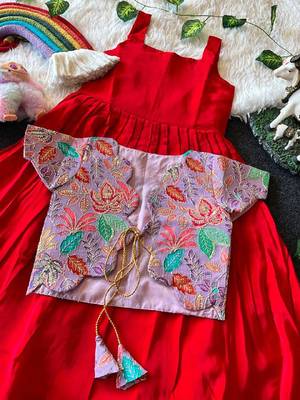 Kids red soft viscose natural crepe gown with viscose natural crepe position embroidery work koti 4