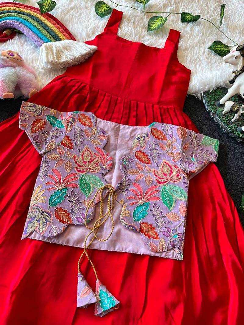 Kids red soft viscose natural crepe gown with viscose natural crepe position embroidery work koti