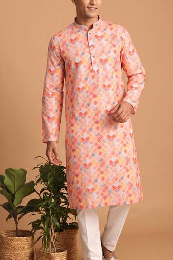 Men multicolor cotton blend digital print kurta set