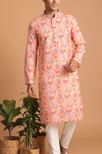 Men multicolor cotton blend digital print kurta set