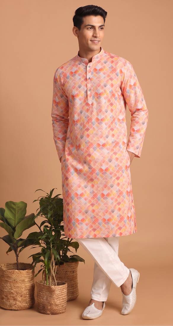 Men multicolor cotton blend digital print kurta set