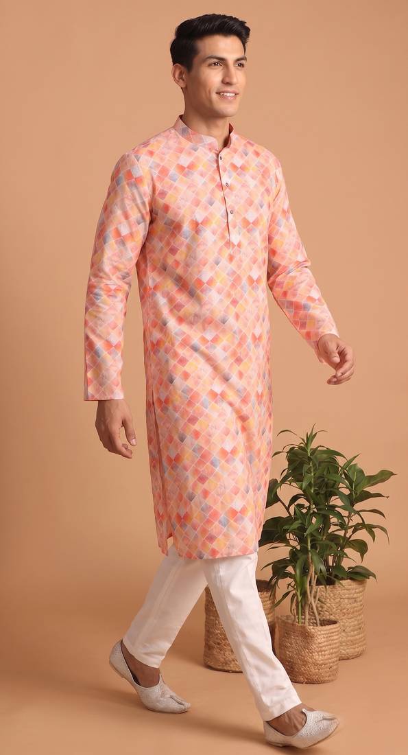 Men multicolor cotton blend digital print kurta set