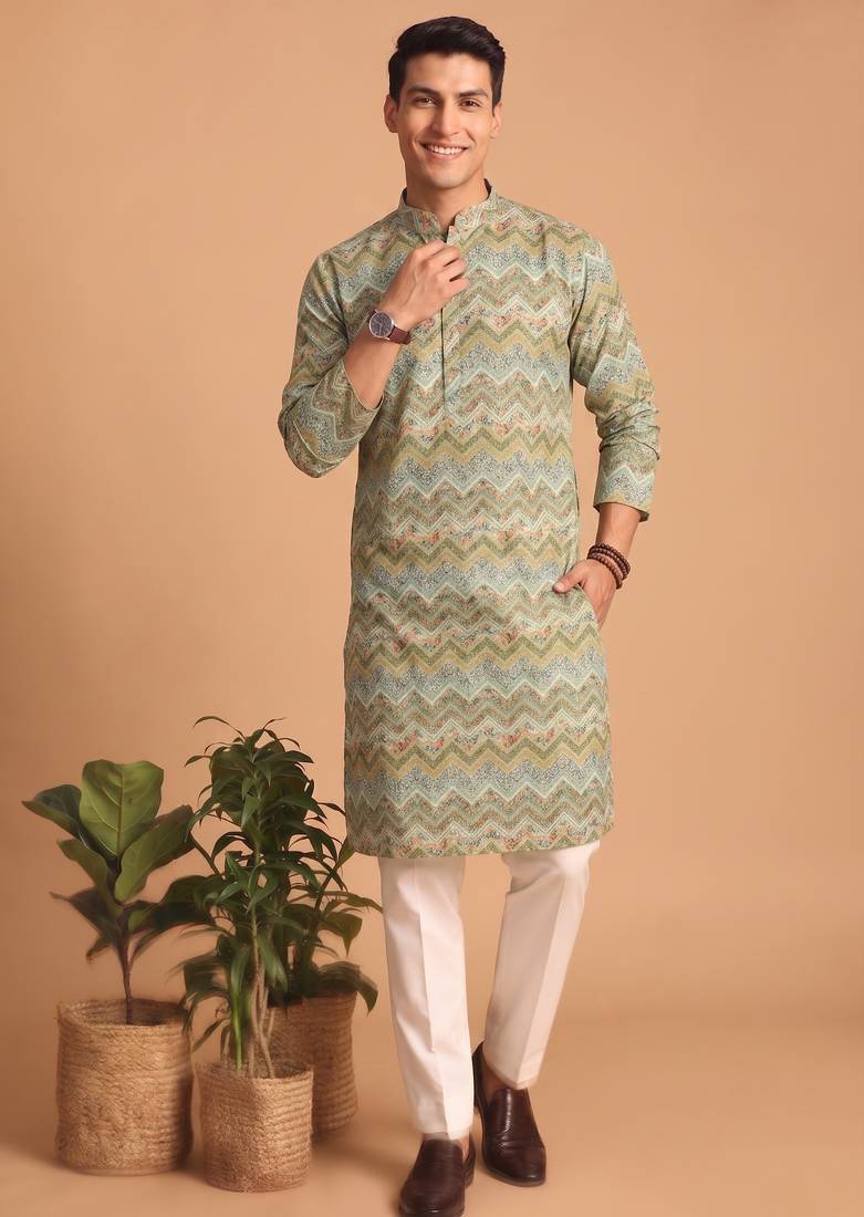 Men multicolor cotton blend digital print kurta set