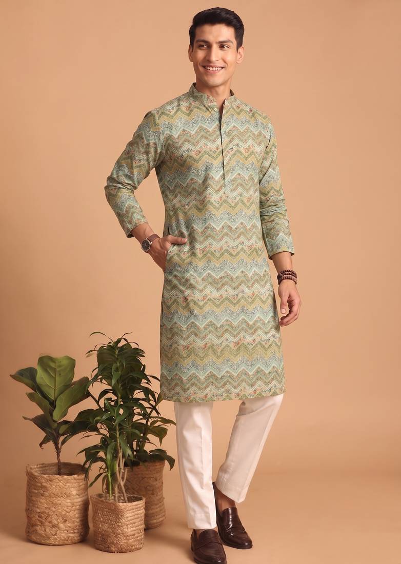 Men multicolor cotton blend digital print kurta set