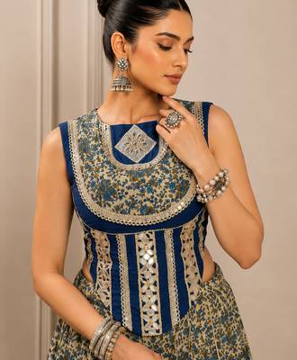 Navy Blue Navratri Chanderi Lehenga with Real Mirror Work 3