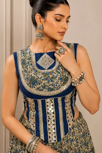 Navy Blue Navratri Chanderi Lehenga with Real Mirror Work