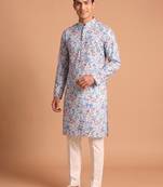 Men multivolor cotton blend digital print kurta set