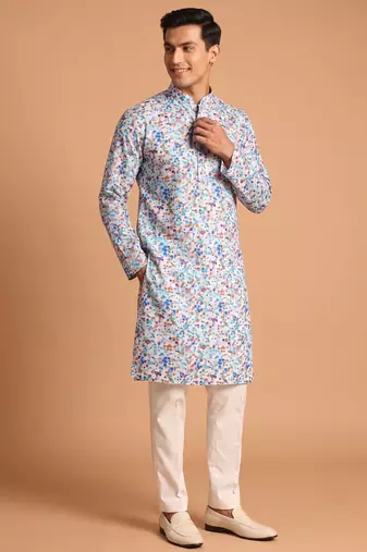 Men multivolor cotton blend digital print kurta set