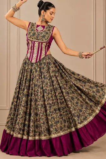 Wine Navratri Chanderi Lehenga with Real Mirror Work