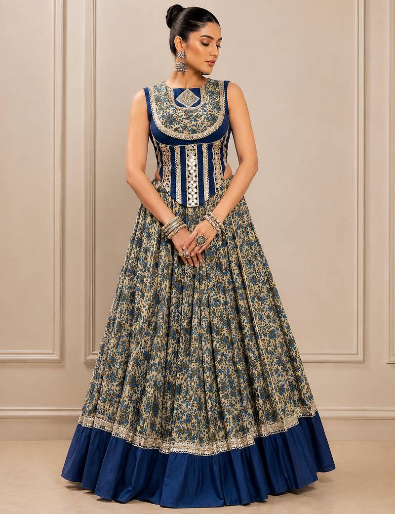 Navy Blue Navratri Chanderi Lehenga with Real Mirror Work