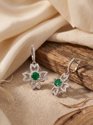 925 silver emerald flower drop earrings for women 1