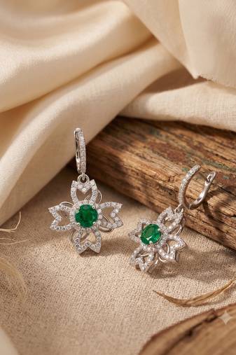 925 silver emerald flower drop earrings for women