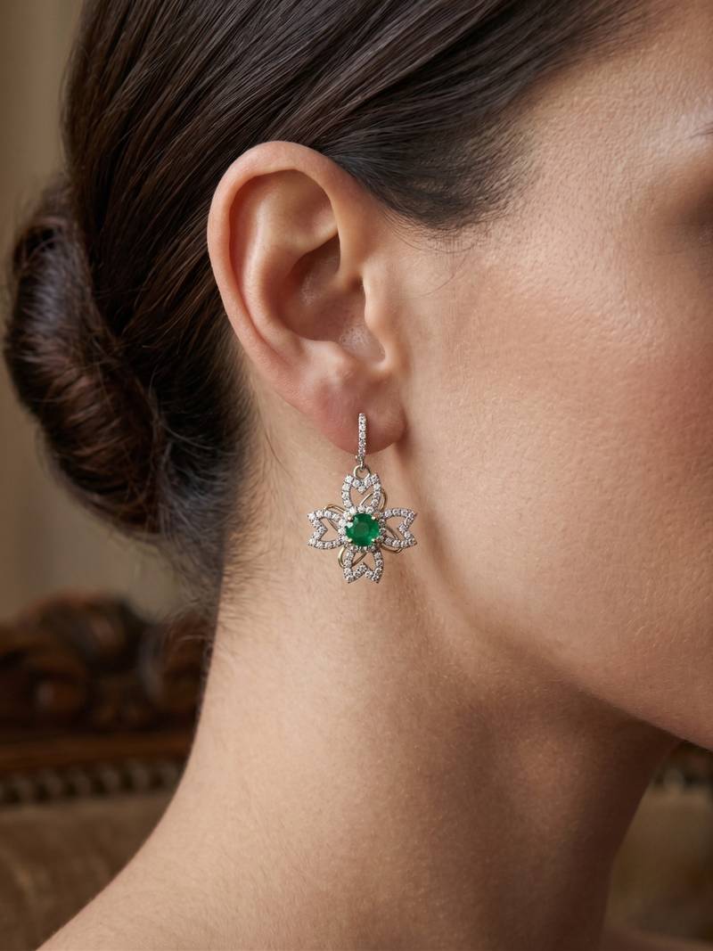 925 silver emerald flower drop earrings for women