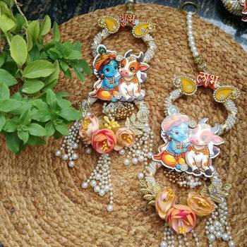 handmade shubh labh pearl beads decorative hanging with golden bead border crystal work home hanging (pack of 2) 1