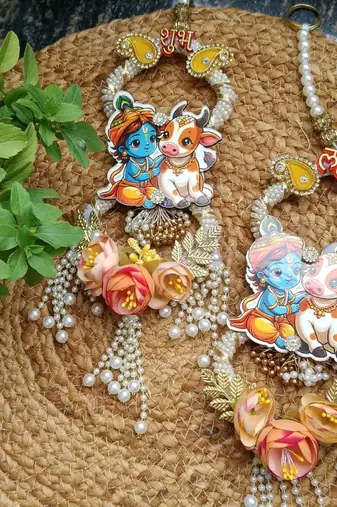handmade shubh labh pearl beads decorative hanging with golden bead border crystal work home hanging (pack of 2)