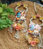 handmade shubh labh pearl beads decorative hanging with golden bead border crystal work home hanging (pack of 2)