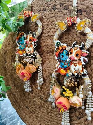 handmade shubh labh pearl beads decorative hanging with golden bead border crystal work home hanging (pack of 2) 3