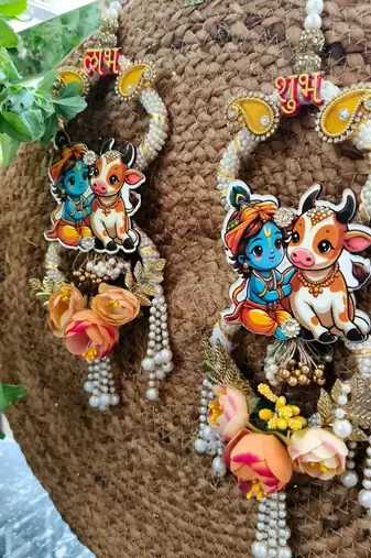 handmade shubh labh pearl beads decorative hanging with golden bead border crystal work home hanging (pack of 2)
