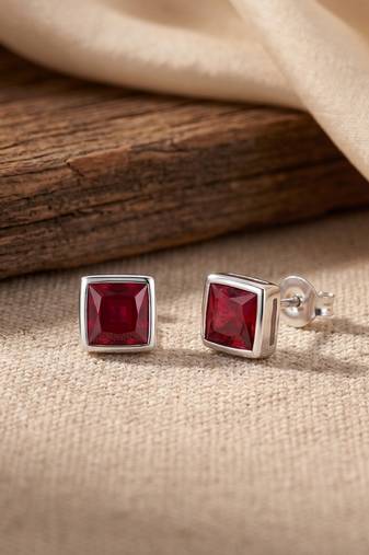 925 silver ruby square stud earrings for women