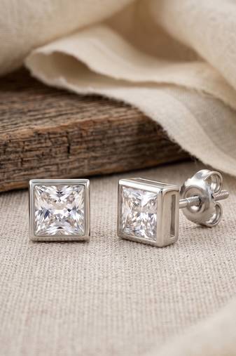 925 silver square crystal stud earrings for women