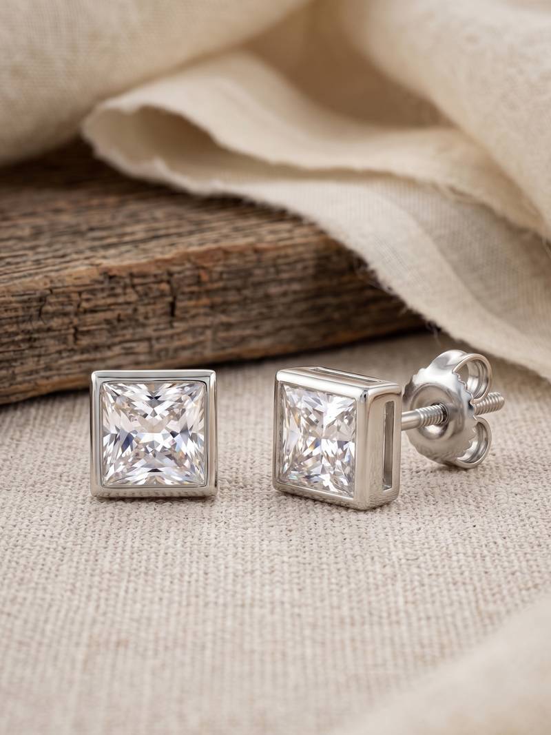 925 silver square crystal stud earrings for women