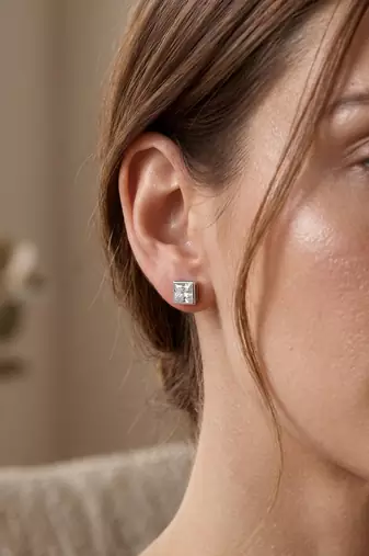925 silver square crystal stud earrings for women