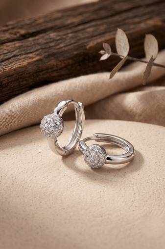 925 silver sparkle ball hoop earrings for women