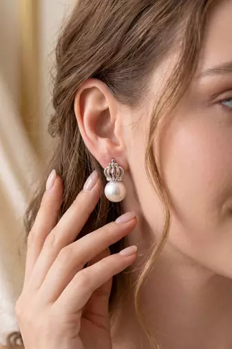 925 silver crown pearl stud earrings for women