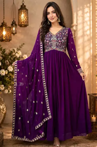 Purple georgette embroidered gown suit  with designer dupatta