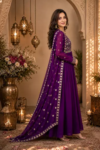 Purple georgette embroidered gown suit  with designer dupatta