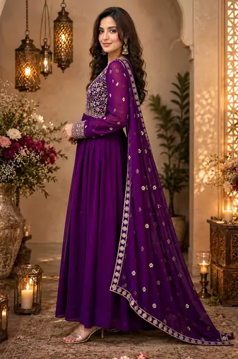 Purple georgette embroidered gown suit  with designer dupatta