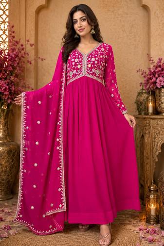 Pink georgette embroidered gown suit  with designer dupatta