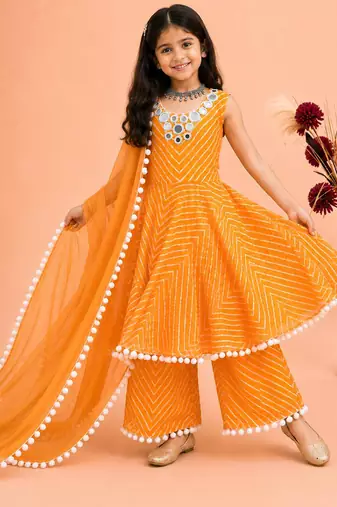 Mustard faux georgette digital print work with real mirror work kids kurta set