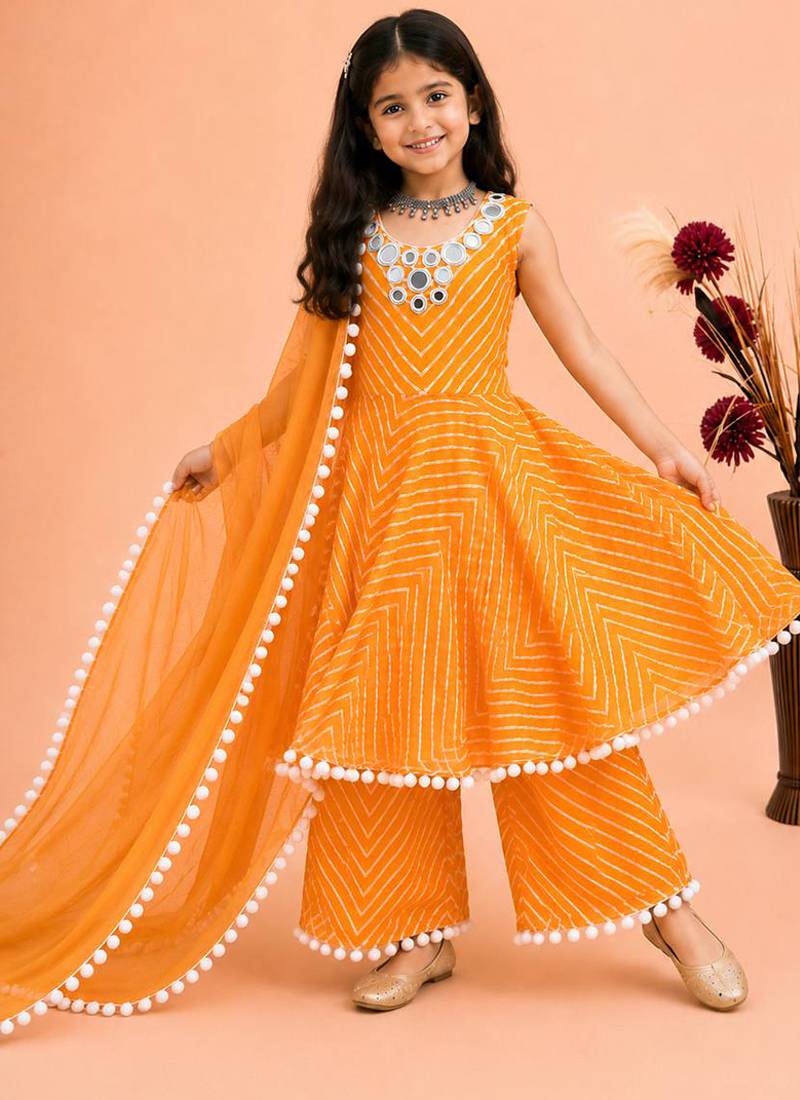 Mustard faux georgette digital print work with real mirror work kids kurta set