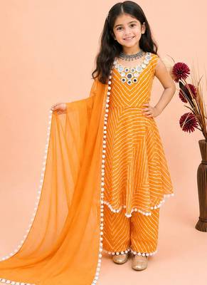 Mustard faux georgette digital print work with real mirror work kids kurta set 2